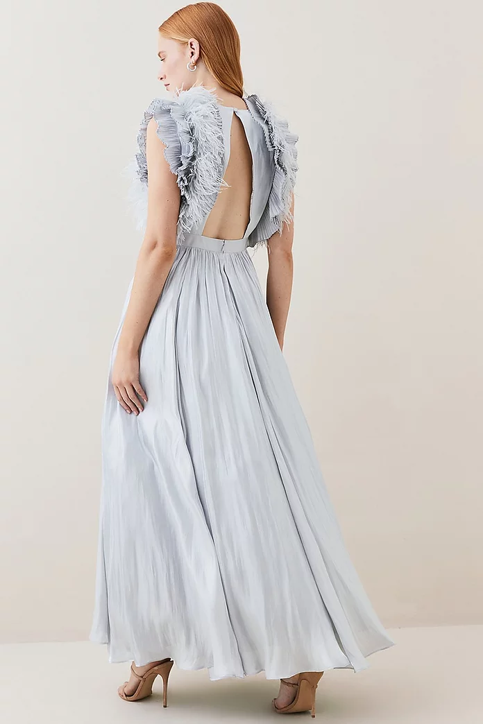 Lydia Millen Tall Metallic Feather Ruffle Woven Maxi Dress | Karen 